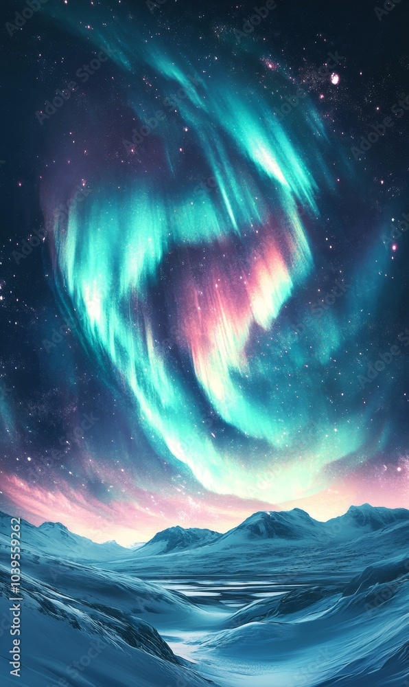 Aurora borealis over snowy mountains and a lake. Aurora borealis over snowy mountains and a lake.
