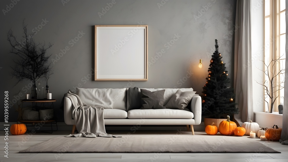 Modern minimalist wall art mockup of scandinavian living room for Halloween, blank frame for wall art mockup of sofa living room, Halloween and Christmas spooky scary vibes of the room interior design Modern minimalist wall art mockup of scandinavian living room for Halloween, blank frame for wall art mockup of sofa living room, Halloween and Christmas spooky scary vibes of the room interior design
