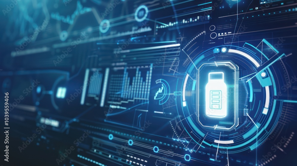 Digital Battery Icon on Futuristic Interface Digital Battery Icon on Futuristic Interface