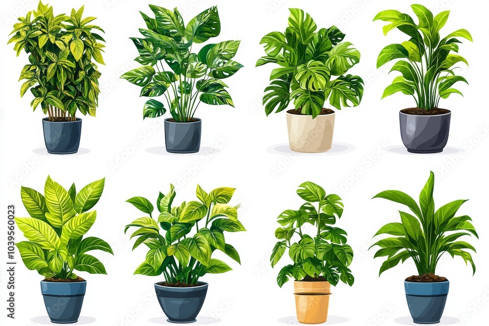 Obraz premium Realistic potted houseplants in modern white and terracotta planters ideal for eco conscious home decor small space gardening or plant care projects