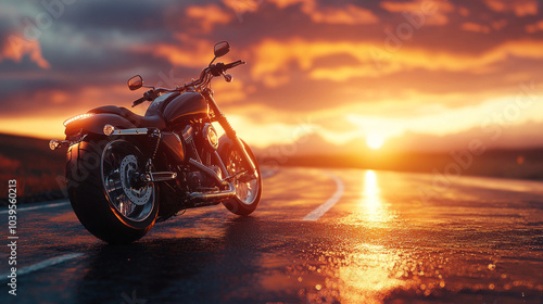 A motorcycle is parked on a wet road at sunset. The scene is serene and peaceful, with the motorcycle as the focal point