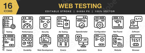 Web Testing icon set. Editable Stroke Icon Collection. Includes ab testing, application, browser, configuration, durability, and More. Outline icons vector collection.