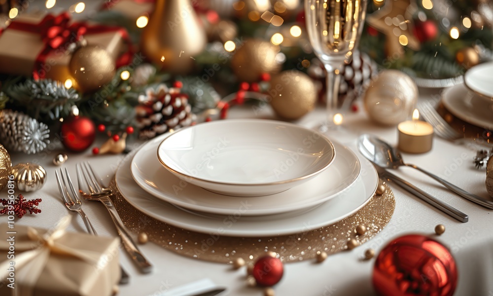 Close-up of a beautifully set holiday table with empty plates, champagne, and festive Christmas decorations like ornaments, pinecones, and candles. Ideal for New Year ads and seasonal promotions. Close-up of a beautifully set holiday table with empty plates, champagne, and festive Christmas decorations like ornaments, pinecones, and candles. Ideal for New Year ads and seasonal promotions.
