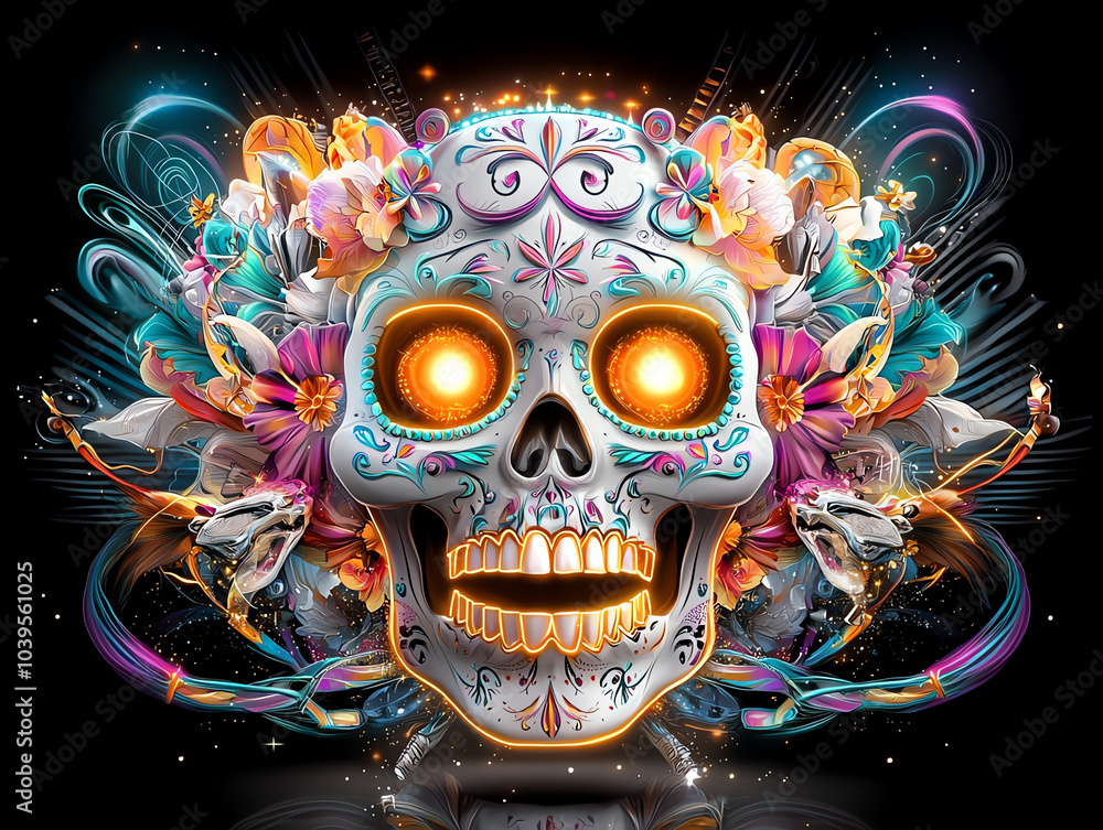 Vibrant neon sugar skull with glowing eyes in radiant purple a dazzling display of colorful celebrations and cultural symbolism Vibrant neon sugar skull with glowing eyes in radiant purple a dazzling display of colorful celebrations and cultural symbolism