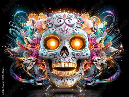 Vibrant neon sugar skull with glowing eyes in radiant purple a dazzling display of colorful celebrations and cultural symbolism