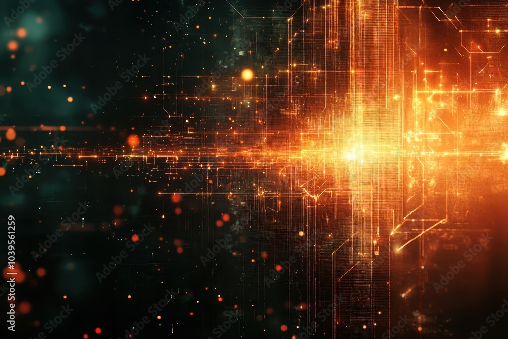 Fototapeta premium Vivid orange lines and particles create an energetic abstract composition against a dark background