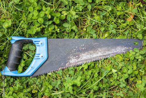 Old hand saw for a tree lies on the green grass