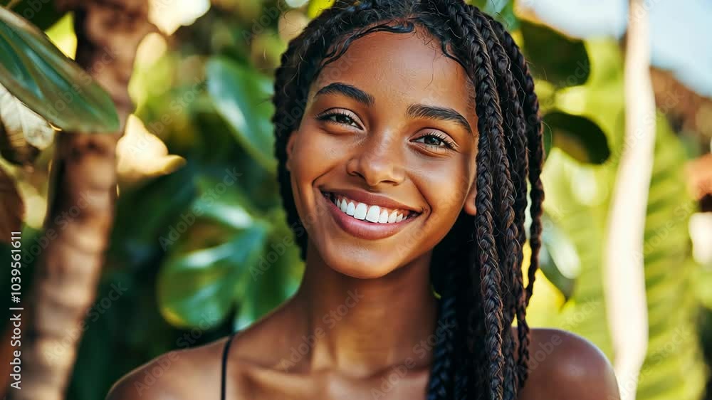 smiling African black woman at lush green garden smiling African black woman at lush green garden