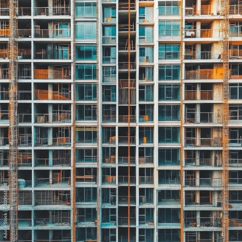 Modern skyscraper under construction with scaffolding and workers, representing urban architecture. Modern skyscraper under construction with scaffolding and workers, representing urban architecture.