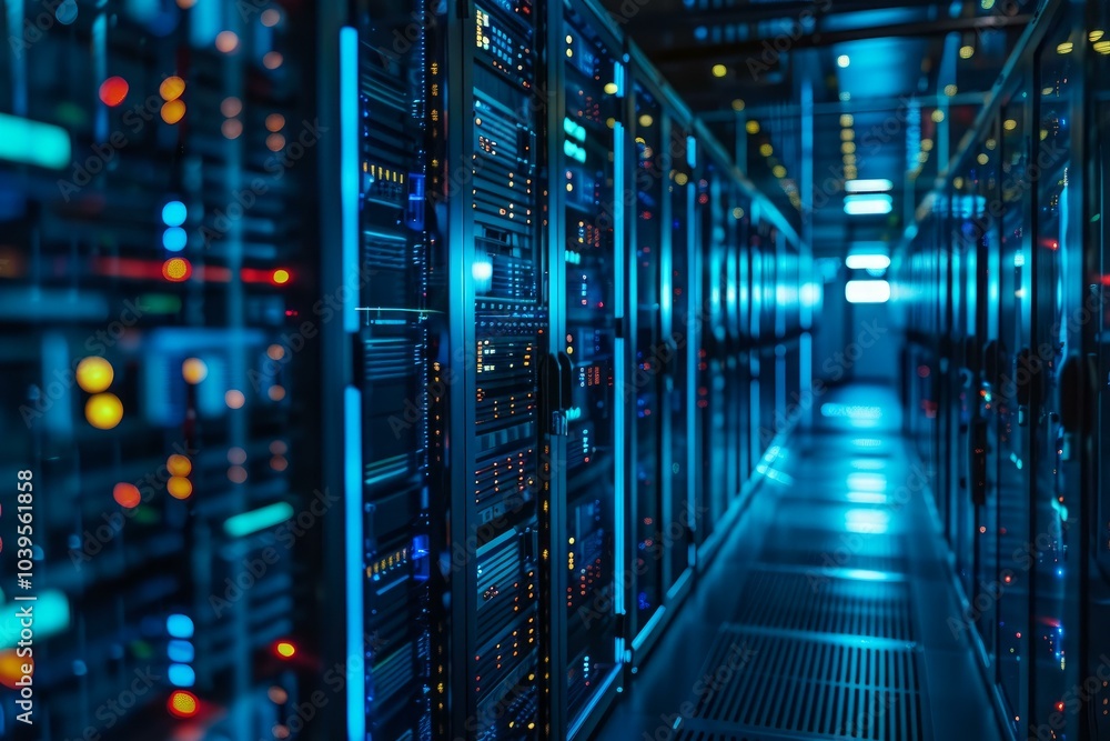 Server room equipped with modern hardware is illuminated with blue light Server room equipped with modern hardware is illuminated with blue light