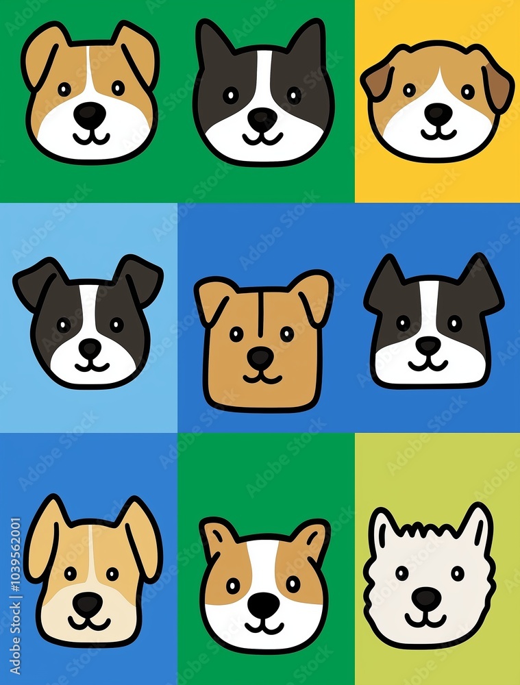 Fototapeta premium Set of cute cartoon dog faces smiling on colorful background