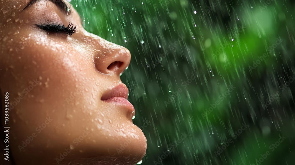 Fototapeta premium A woman's face, focused closely, with rain cascading down her visage, and trees framing the backdrop