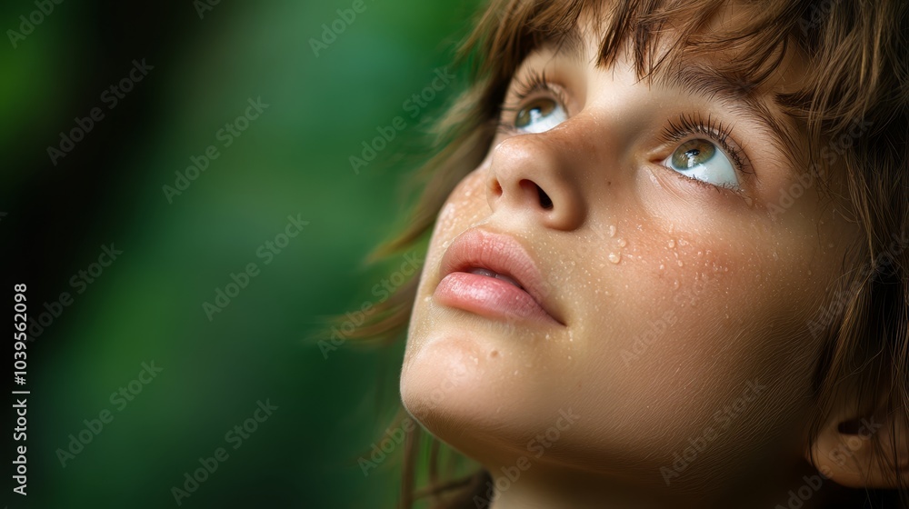 Close-up of a child's teary-eyed face with blurred background and water droplets Close-up of a child's teary-eyed face with blurred background and water droplets