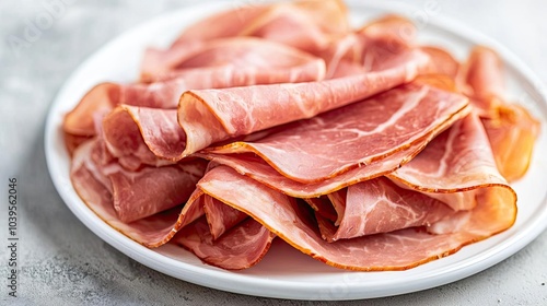 Delicious slices of ham on a white plate, ready to enjoy.