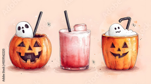 Illustration of Three Distinct Halloween Drinks Featuring Skeleton-Themed Glassware and Creative Garnishes, Showcasing a Spooky and Fun Vibe Perfect for Halloween Celebrations.
 photo