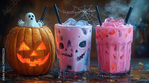 Illustration of Three Distinct Halloween Drinks Featuring Skeleton-Themed Glassware and Creative Garnishes, Showcasing a Spooky and Fun Vibe Perfect for Halloween Celebrations.
 photo