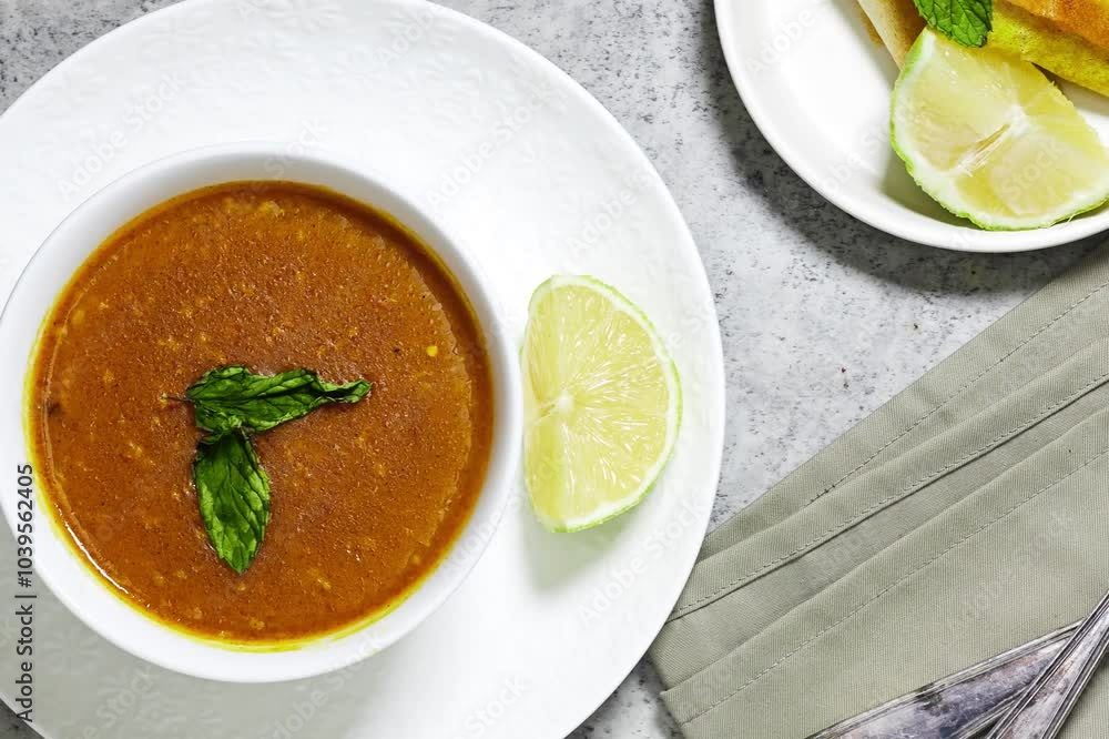 traditional bowl of spiced algerian vegetable soup named (Harira) and meat bourak named bourek. ramadan kareem traditional bowl of spiced algerian vegetable soup named (Harira) and meat bourak named bourek. ramadan kareem