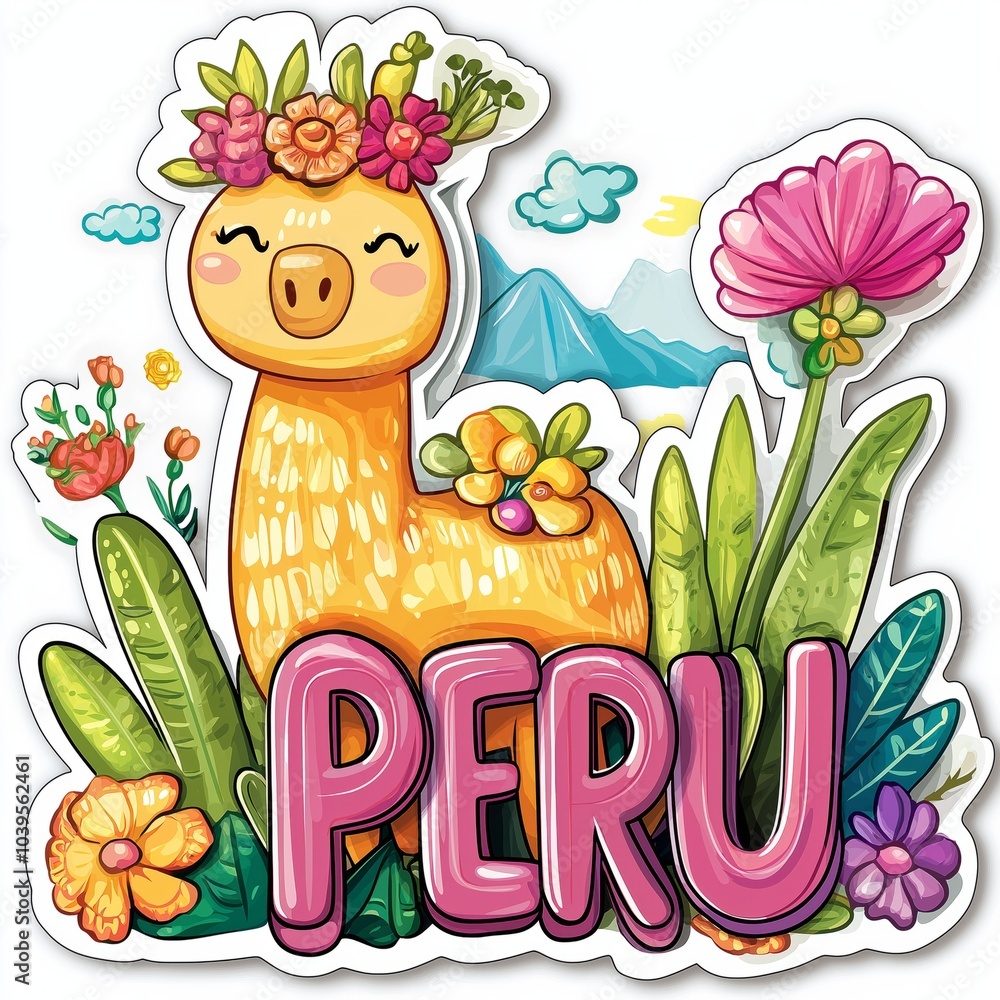 Fototapeta premium Cute llama representing peru surrounded by flowers