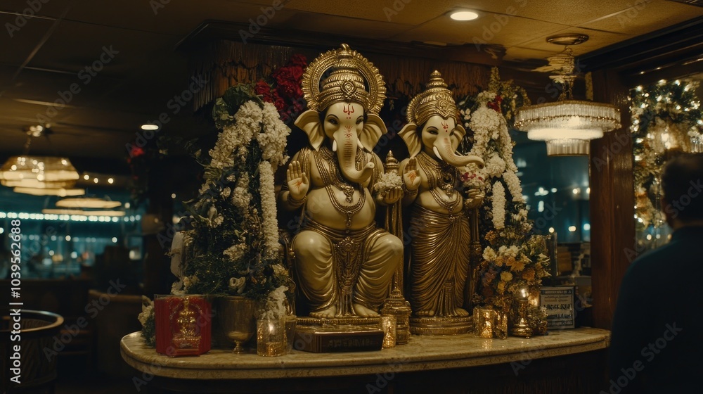 A divine scene featuring statues of Lord Ganesha and Maa Laxmi, adorned with flowers and lights, symbolizing prosperity and wisdom. A divine scene featuring statues of Lord Ganesha and Maa Laxmi, adorned with flowers and lights, symbolizing prosperity and wisdom.