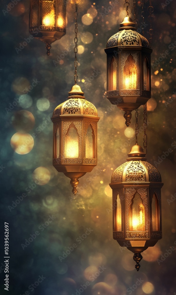 Three ornate lanterns with glowing lights. Three ornate lanterns with glowing lights.