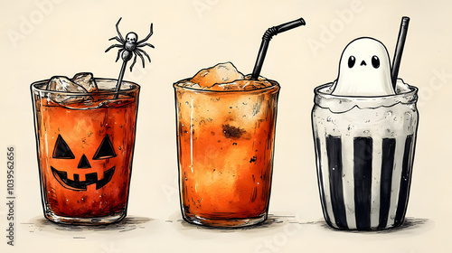 Illustration of Three Distinct Halloween Drinks Featuring Skeleton-Themed Glassware and Creative Garnishes, Showcasing a Spooky and Fun Vibe Perfect for Halloween Celebrations.
 photo