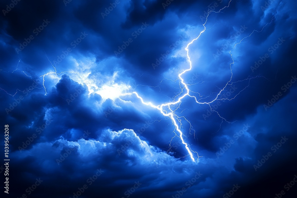 An electrifying blue lightning bolt illuminates the dense clouds, creating a stunning visual display of energy and highlighting the storm's dramatic intensity and reach. An electrifying blue lightning bolt illuminates the dense clouds, creating a stunning visual display of energy and highlighting the storm's dramatic intensity and reach.