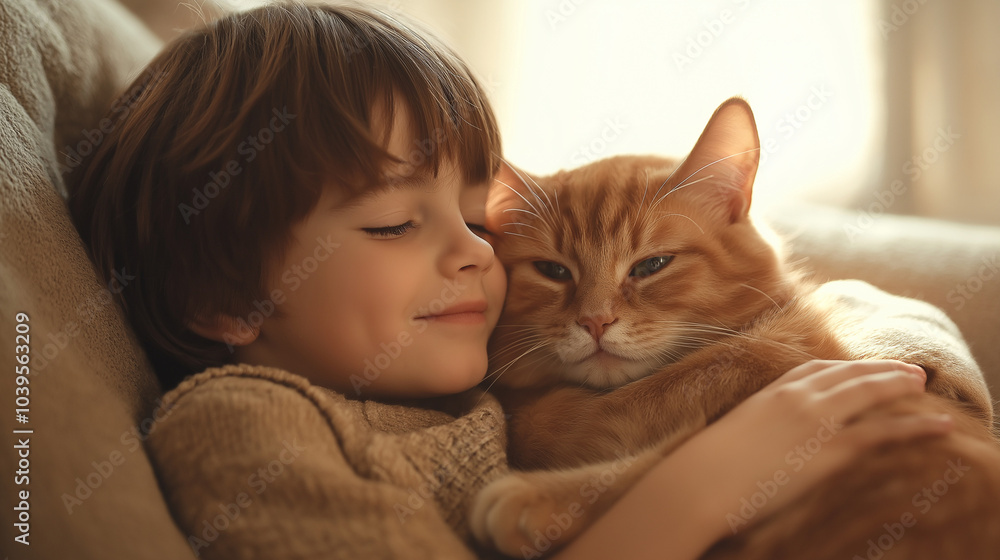 Young boy cuddling with an orange cat in a warm and cozy living room Young boy cuddling with an orange cat in a warm and cozy living room