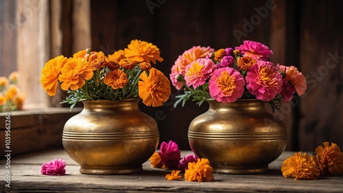 Wallpaper Mural Golden Vases with Marigolds and Pink Flowers on a Wooden Table - Vintage Style Photography Torontodigital.ca