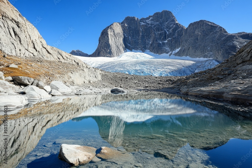 An impressive icy vista is reflected in a vibrant blue lake, offering an exhilarating visual contrast between rugged stone and soft snow formations.