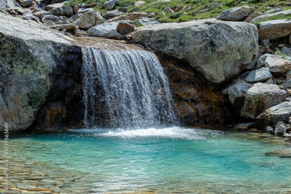 Naklejka premium This scenic image features a beautiful waterfall cascading into a serene turquoise pond, surrounded by lush rocks and greenery, offering a calming, natural retreat.