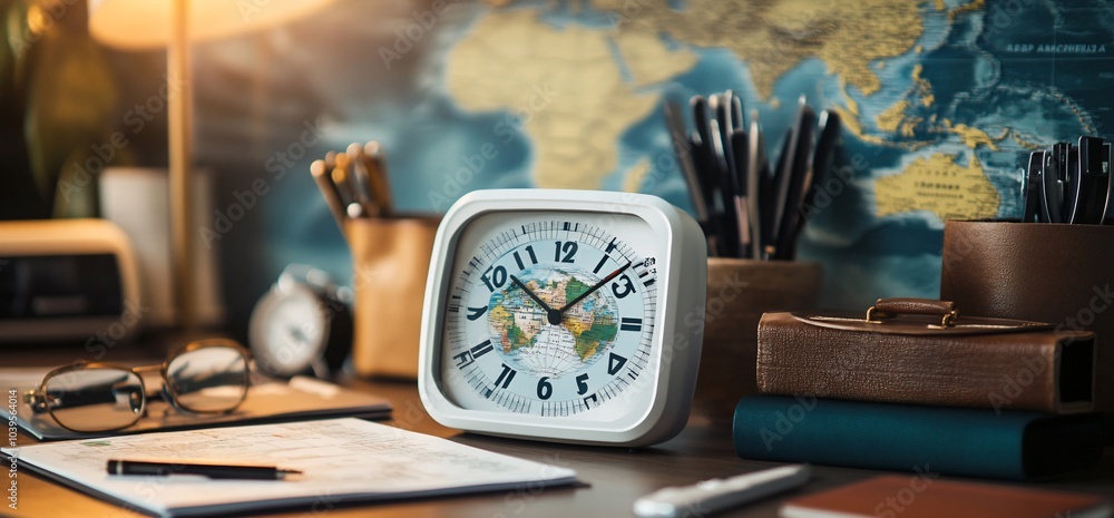 A white analog clock with a world map face sits on a desk with various office supplies, including a pen, glasses, and a world map on the wall. A white analog clock with a world map face sits on a desk with various office supplies, including a pen, glasses, and a world map on the wall.