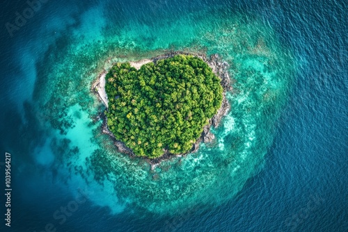 A stunning heart-shaped island set against the clear azure sea, highlighting nature's unique designs and the serene beauty of isolated tropical havens.