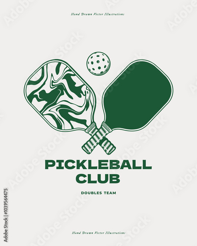 Pickleball club logo featuring a pair of crossed paddles, one with a marbled design and the other solid, along with a pickleball, symbolizing team spirit and the sport of doubles. Template logo.
