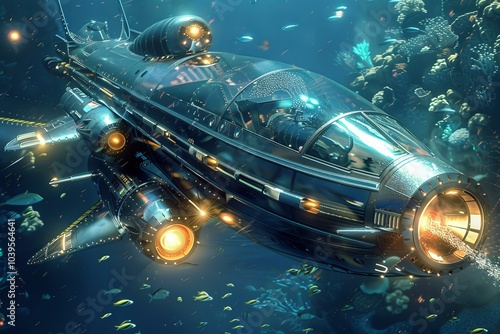 Futuristic submarine exploring a coral reef with a pilot at the helm photo