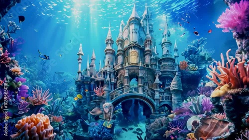 Underwater Fantasy Kingdom: A vibrant underwater world with colorful coral reefs, shimmering castles made of seashells and pearls, and mythical sea creatures like mermaids and giant squids swimming th