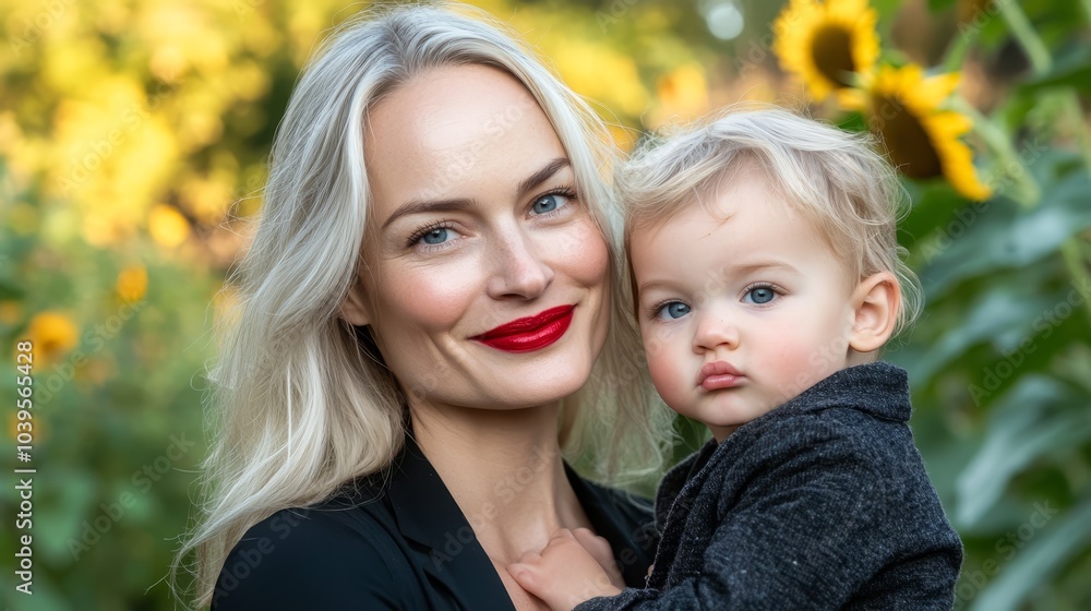 A woman, smiling, cradles a child before sunflower field A woman, smiling, cradles a child before sunflower field