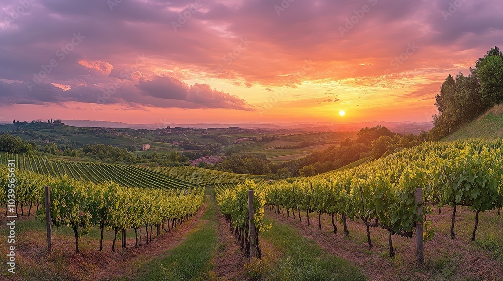 Emilia Romagna. Vineyard Landscape at Sunset in Levizzano Rangone, Modena Province, Italy Emilia Romagna. Vineyard Landscape at Sunset in Levizzano Rangone, Modena Province, Italy