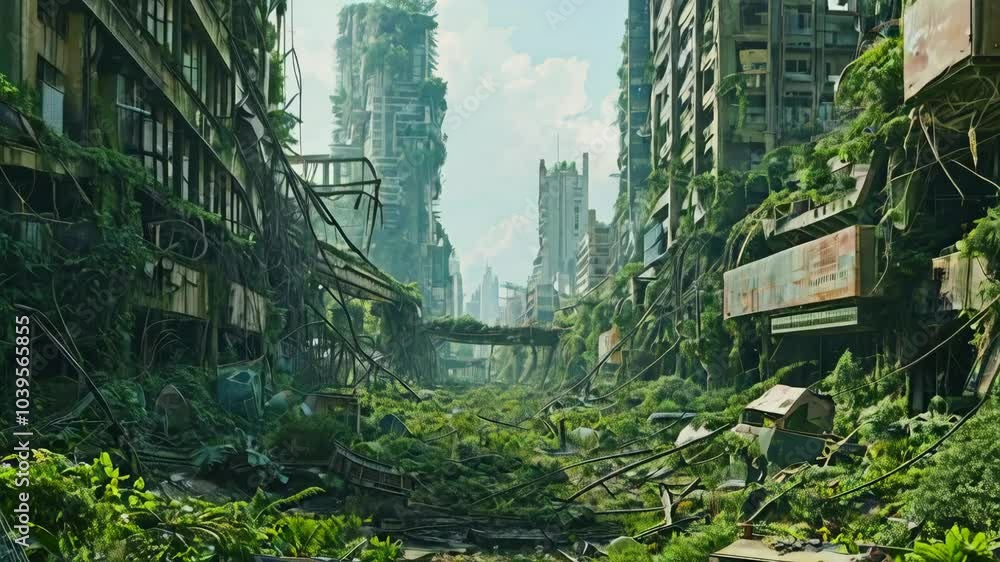 Post-apocalyptic World: A city overgrown with nature after a societal collapse, with remnants of technology scattered amidst dense greenery. Post-apocalyptic World: A city overgrown with nature after a societal collapse, with remnants of technology scattered amidst dense greenery.