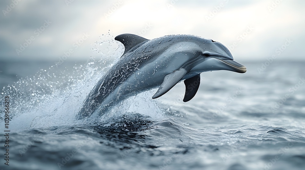 Obraz premium Majestic dolphin breaching the turquoise ocean waves with dynamic energy and speed,showcasing the power and grace of marine life in its natural aquatic habitat.