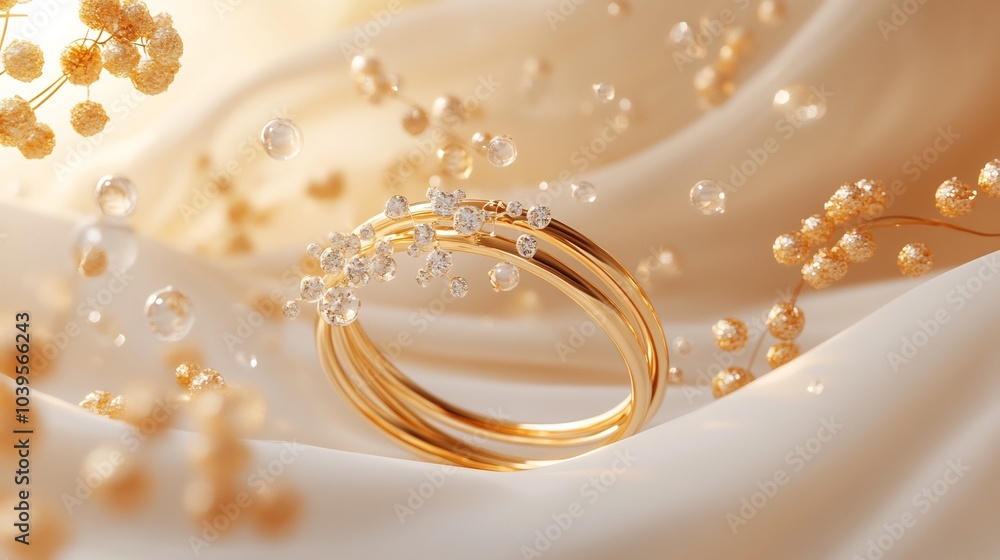 Exquisite 3D gold jewelry adorned shimmering gemstones floating elegantly on a soft minimalistic background designed with sleek modern lines and delicate stone settings Exquisite 3D gold jewelry adorned shimmering gemstones floating elegantly on a soft minimalistic background designed with sleek modern lines and delicate stone settings