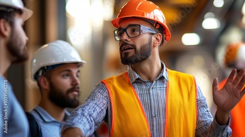 Wallpaper Mural Project manager discussing progress with a construction crew on-site, highlighting teamwork in construction. Torontodigital.ca