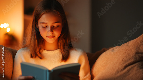 Cozy Girl Reading a Book in Intimate Lighting