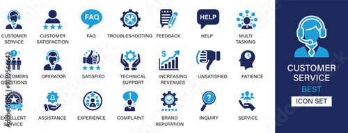 Customer Service best solid icon set collection. Customer satisfaction, troubleshooting, feedback, customer questions, technical support and vector illustration.