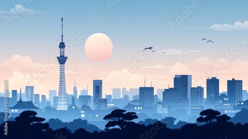 Flat Illustration of Tokyo Skyline at Sunset with Tower and Birds