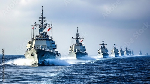A formation of naval warships sailing through the ocean under cloudy skies, showcasing military strength and coordination.