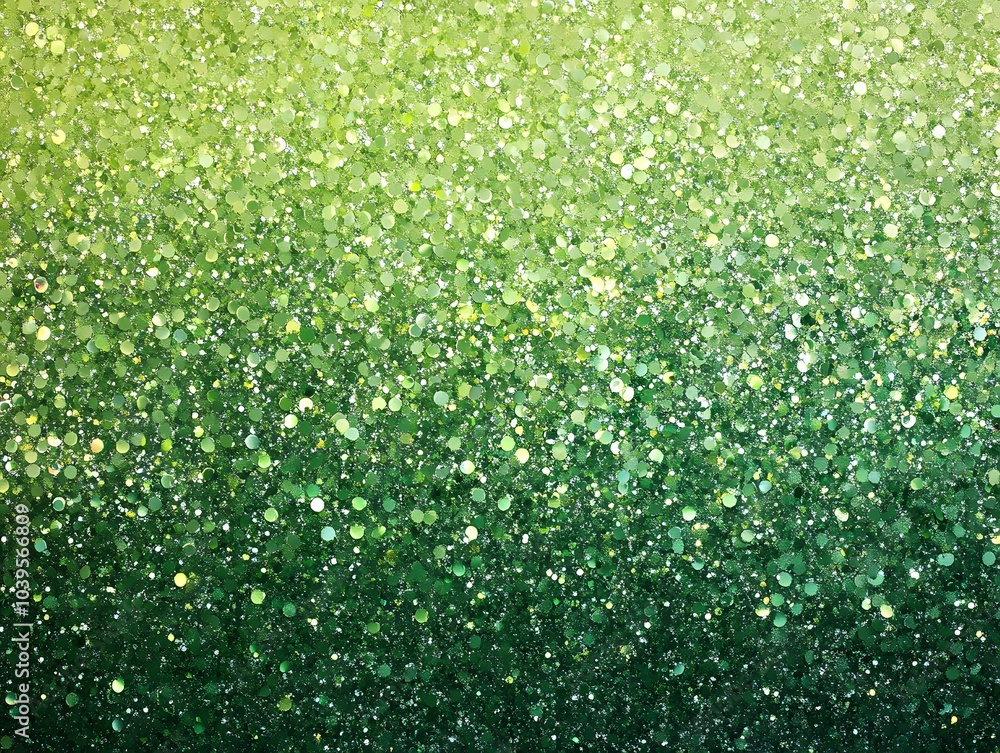 A shimmering gradient of green glitter, creating a vibrant and textured background.