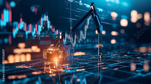 A futuristic digital scene featuring a robotic arm manipulating data on a glowing, high-tech interface with financial charts.