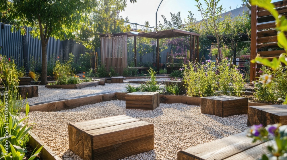 A therapeutic garden with patients using blocks for sensory integration activities, Blocks arranged in calming patterns, Sensory therapy style A therapeutic garden with patients using blocks for sensory integration activities, Blocks arranged in calming patterns, Sensory therapy style