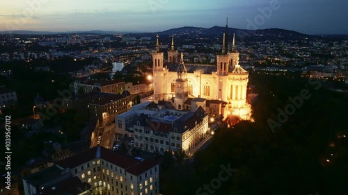 Lyon aerial view at night, basilica Notre-Dame of Fourviere in Lyon, travel in France, French city of Lyon at night photo