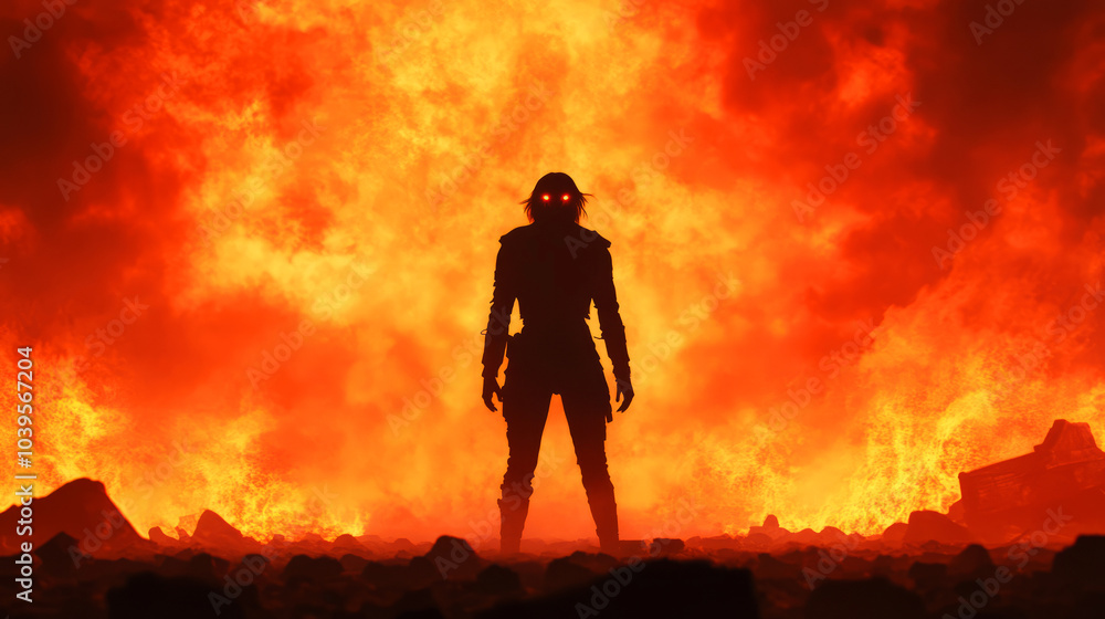 Fototapeta premium Intense Female Demon in Fiery Background